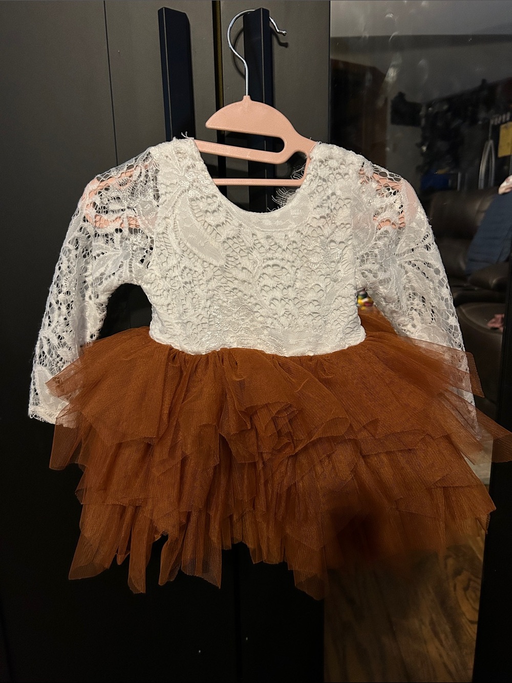 White Lace Top with Burnt Orange Tulle Skirt Kids Formal Dress
